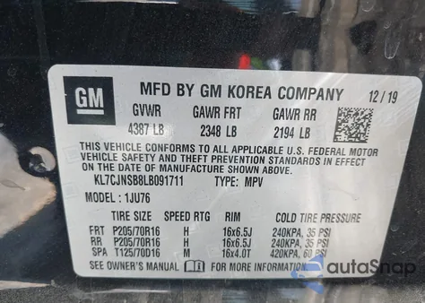 2020 Chevrolet Trax Awd Ls z USA, uszkodzony, nr VIN KL7CJNSB8LB091711